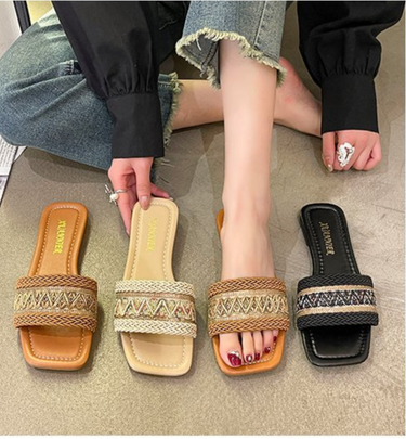Large One Line Flat Bottom Slippers For Women's Ethnic Style Woven Square Toe Beach Sandals Slippers_voghion.com