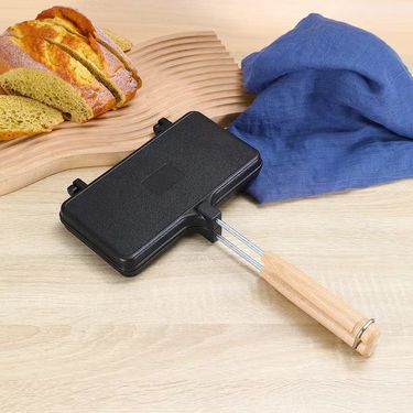 Non-Stick Sandwich Pan With Wooden Handle, Double-Sided Striped Bread Mold, Home Breakfast Baking Tool_voghion.com