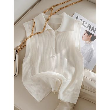 Women's Clothing Summer Unique White Polo Collar Knitted Vest Beautiful Design Sleeveless Top_voghion.com