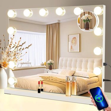 Glitzerlife Hollywood Schminkspiegel Mit Beleuchtung - Schminktisch Spiegel Mit 14 LED Licht USB Anschluss Groß 50x40cm Mirror 3 Modi Touch Dimmbar Vanity Mirror_voghion.com