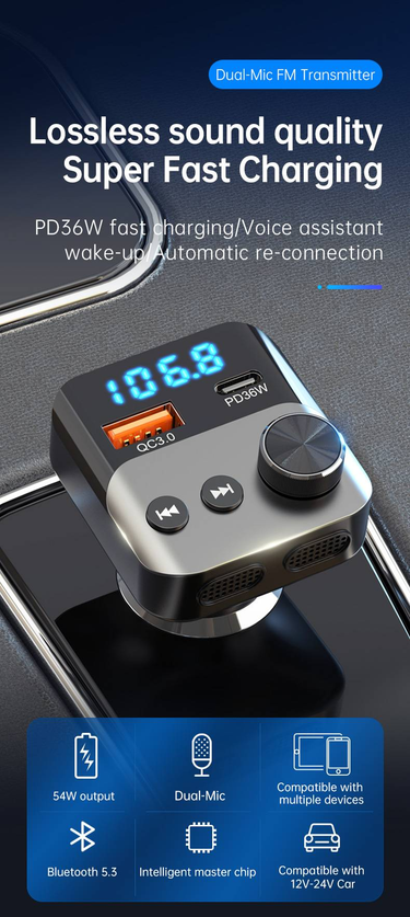 BC98 Bluetooth Car Audio Adapter - Fast Charging, Hands-Free Calling & Music Streaming, QC3.0 & PD2.0, Noise Reduction, Compatible With All Car Models_voghion.com
