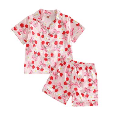 Kids’ Clothing Summer Pajamas New Short Sleeved Home Clothes Cute Suit Shorts Cardigan Advanced Cherry Powder_voghion.com
