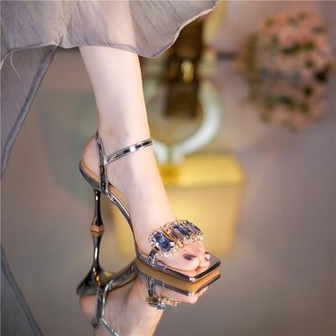 One Line Rhinestone Gold Square Toe Sandals For Women With Exposed Toes, Sparkling High Heels, 2025 Summer New Fairy_voghion.com