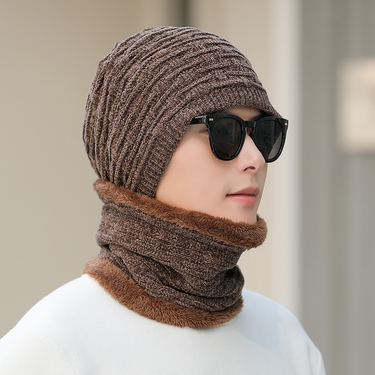 Thickened pullover, pile up hat, scarf, two-piece set for men's winter cycling, warm knit hat_voghion.com