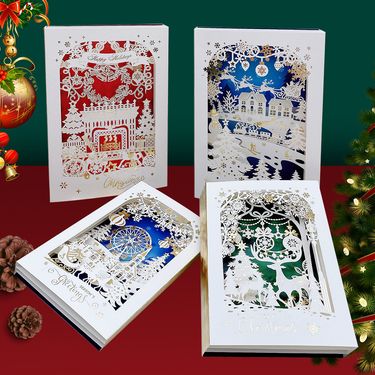 Christmas Handcrafted 3D Greeting Cards With Laser Engraving & Gold Foiling - Festive Tabletop Decor For Holiday Cheer (Set Of 4 Designs)_voghion.com