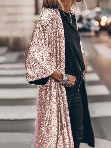 Loose Outerwear Soft Women Shiny Sequins Mid-length Cape Jacket Solid Color Skin-touch Gown Cape Streetwear_voghion.com