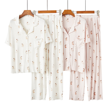 Women's clothing modal ladies pajamas women's short-sleeved trousers printed bunny soft loose lapel home clothes_voghion.com