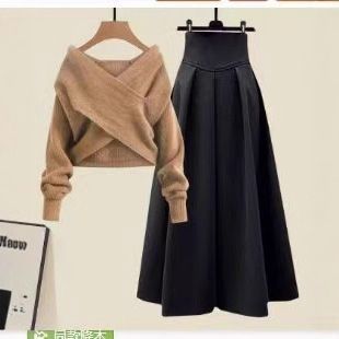 Plus Size Women’s Winter Outfit Set – Slimming Cross-Front Knit Sweater & Midi Skirt, Cozy & Stylish Two-Piece_voghion.com