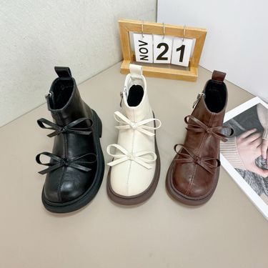 ShoeGlobe Children's Martin Autumn Winter New Bow Princess Style Leather Short Baby Girls' Fleece-Lined Cotton Boots_voghion.com