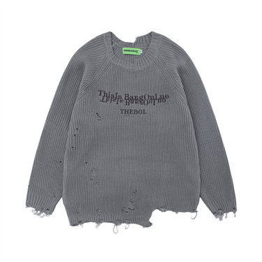 Lazy Distressed Sweater For Men Loose Vintage Street Style Autumn Winter Embroidered Letter Crew Neck Knitwear_voghion.com