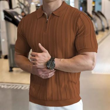 Summer Old Money Style Retro Knitted Half Zip Polo Shirt Short Sleeve Men's High End Sense Of Handsome Lapel T Shirt Texture_voghion.com