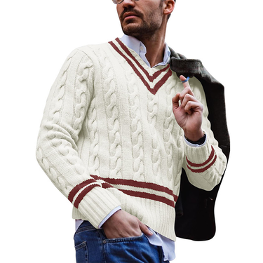 Men's V-neck striped color-matching knit sweater Autumn and winter fashion sweater_mkmklike.com