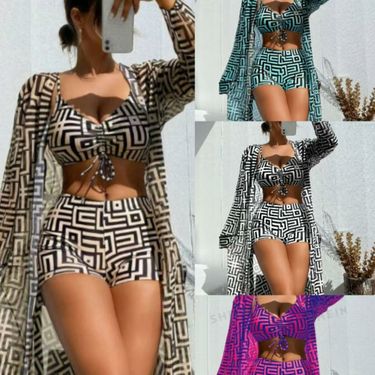 25 New Women's Split Swimsuit Cover Up Three Piece Set Gathered Beach High Waisted Flat Swim Trunks_voghion.com