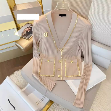 Women's Clothing beautiful small fragrance style light brown knitted cardigan women's early autumn slim outer wear bottoming long sleeved top_voghion.com