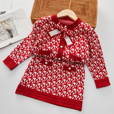 Girls' Sweater 2022 Autumn/Winter Small Fragrant Wind Children's Knitted Cardigan+Half Skirt Two Piece Set_voghion.com