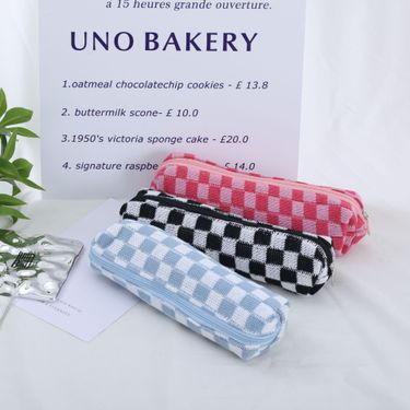 Korean-style ins checkerboard knitted pencil case large capacity high-value student stationery case trendy pencil case for junior and senior high scho_voghion.com