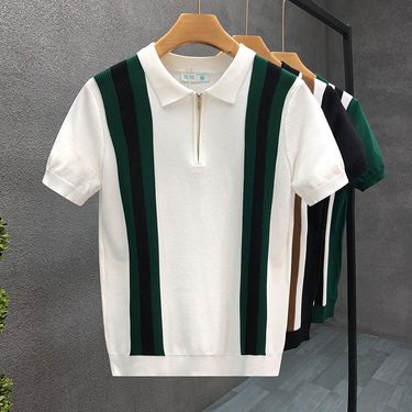 Knitted Ice Silk Zipper Polo Shirt Men's Short Sleeved Summer Thin Style Fashion Contrast Color Design Slim Trend Lapel T Shirt_voghion.com