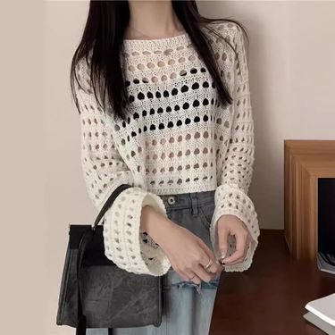 Hollow out Knitted Top for Women 2024 Summer Pure Desire New Style Versatile Short Ice Silk Thin Sweater Sunscreen Cover_voghion.com