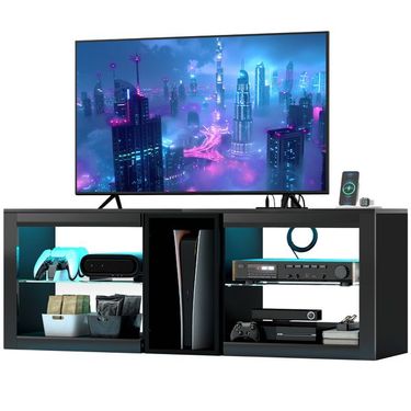 HOMCOM Below TV Cabinet For 55'' TV, Black Entertainment Center With 5 Storages, Power Outlets, LED Lights, Adjustable Shelves_voghion.com