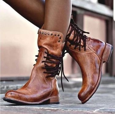 Plus-size retro mid-low leg women's new fall/winter back strap rider boots_voghion.com
