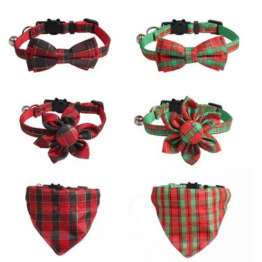 Pet Christmas New Product Christmas Series Butterfly Bow Sunflower Triangle Scarf Collar Grid Fine Glitter, Cute_voghion.com
