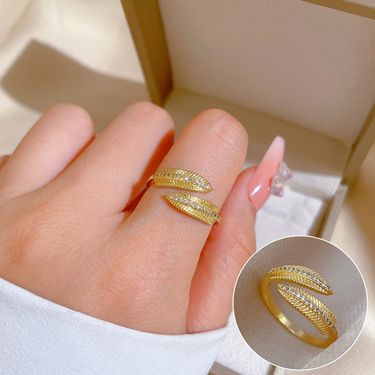 【 Real Gold Plating 】 Open Leaf Women's Fashion Micro Inlay Light Luxury Index Finger Ring, Net Red, Same Cool Style_voghion.com