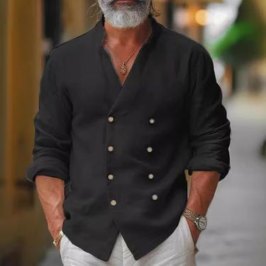 Men's Clothing Double Breasted Shirt Home Leisure Fashion Stand Up Collar Shirt Cotton And Linen Long Sleeved Cardigan Jacket_voghion.com