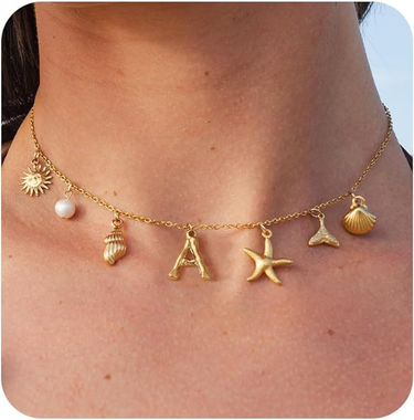 Beauty Fishtail Pearl A-Z Letter Necklace Gold Starfish Conch Conch Choker Charm Summer Seashells Beach Starfish Surfer Hand jewelry girl gift_viptrois.com