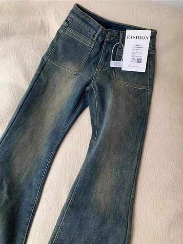 American retro cement gray micro ripped jeans women's autumn winter plus velvet high waist fat mm large size thin mopping pants_voghion.com