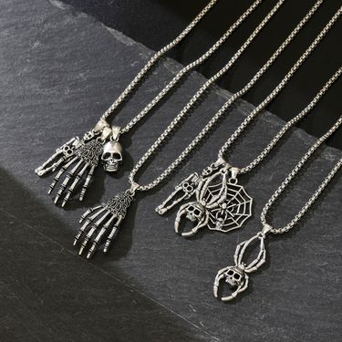 "Halloween Punk Skull Hand Necklace | Spider Web Charm | Gothic Hip-Hop Design | Oversized Statement Piece | Tarnish-Resistant Alloy | Edgy Streetwear_voghion.com