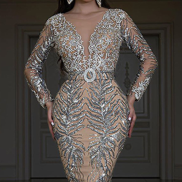 2025 New Women's With Gold Plated Long Sleeves, Slimming And Sexy Fishtail Floor Pulling Evening Dress_voghion.com