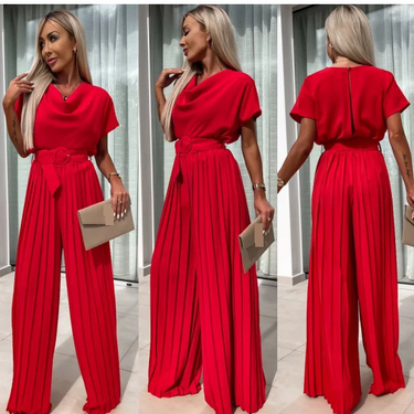 Women's Clothing loose casual wide leg pleated jumpsuit belt solid color women's clothing Z241538_voghion.com