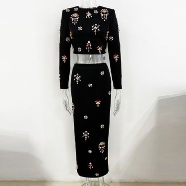 fashion new heavy beaded diamond short top long skirt suit two piece suit_voghion.com