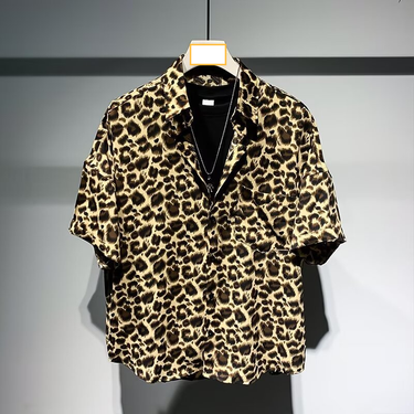 Men's clothing leopard print short-sleeved shirt summer light luxury men's clothing five-point half-sleeve brand loose casual versatile shirt men_voghion.com