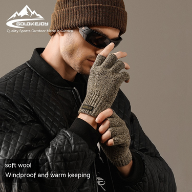 Winter knitted half finger woolen gloves for men's outdoor plush_voghion.com