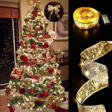 Christmas Ribbon LED Light String Christmas Decorations Christmas Tree Decoration Pendant Gift Bronzing Double Layer Ribbon_voghion.com