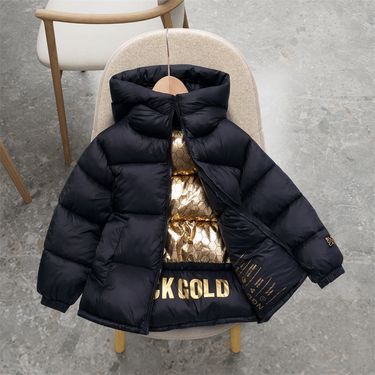 Black Gold Graphene Kids Winter Coat With Cotton Filling - Warm Unisex Hooded Jacket For Boys & Girls (Sizes 100-150cm, Ages 3-8)_voghion.com