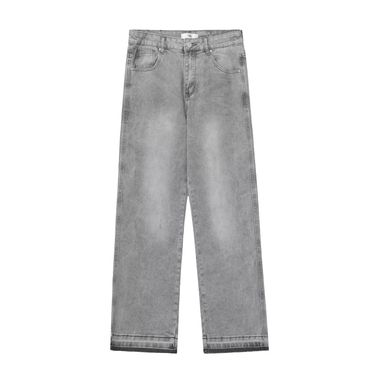 Men's Clothing American Style Washed Light Grey Distressed Solid Color Jeans For Men And Women With Raw Hem Basic Straight Trousers_voghion.com