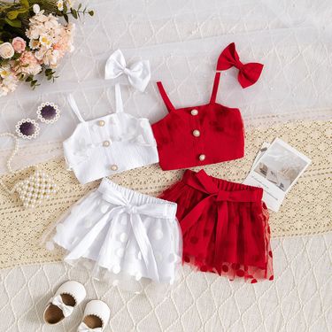 Kids’ Clothing Summer Suits Fashionable Polka Dot Camisole Vests Mesh Skirts Multi Piece Suits_voghion.com