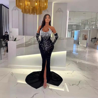 Elegant Velvet Strapless Gloves Evening Dress With Beaded Embellishments For Prom Party Cocktail Gala – Black_voghion.com