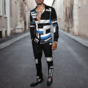 2025 New Fashion Men Shirt Set Geometry Print Summer Simple Two Piece Set Mens Gradient Lightweight Party Long Sleeves Suit_voghion.com