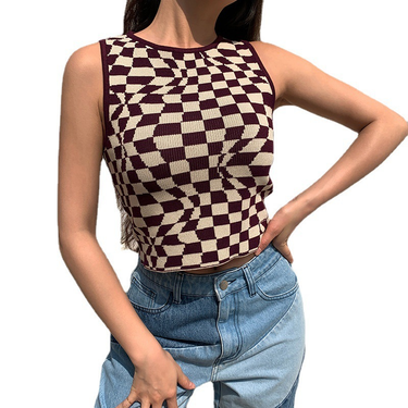 Women's sweater sweater vest, round neck design, contrasting plaid _voghion.com