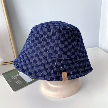 Jacquard plaid denim fisherman women's spring and summer sun protection cloth PU leather label bucket hat, versatile_voghion.com