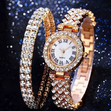 Elegant Women's Watch & Bracelet Set - Luxury Rhinestone Quartz Watch With Dual Row Diamond Bracelet, Perfect Gift For Women_voghion.com