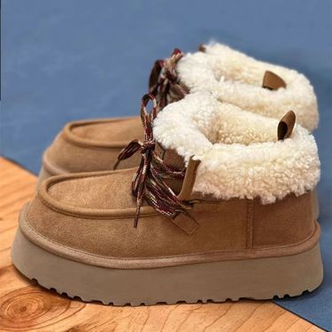 Soft Leather Version ~ Sheepskin Thick-Soled Snow For Women Winter 2024 New Lace-Up Short Height-Increasing Boots Cotton_voghion.com
