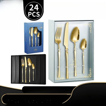 24-Piece Stainless Steel Cutlery Set - Slim Waist Gift Box With Gold Knife Fork Spoon For Steak & Western Dining_voghion.com