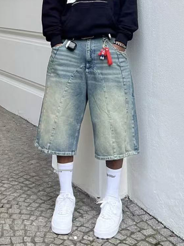 Men's Clothing Retro Washed High Street Denim Shorts For Men And Women Straight Wide Leg Distressed Loose Casual Versatile Cropped Pants_voghion.com