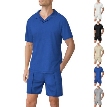 Summer Men's Clothing Turn-down Collar Polo Casual Loose Short Sleeve Shorts Set_voghion.com