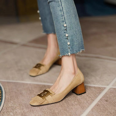 French style single shoe women 2022 spring autumn retro tassel square head women's shoes metal buckle shallow heels_voghion.com