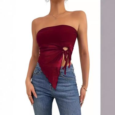 Women's Clothing Summer New Solid Color Side Drawstring Slit Irregular Slim Fit Tube Top Vest Top_voghion.com